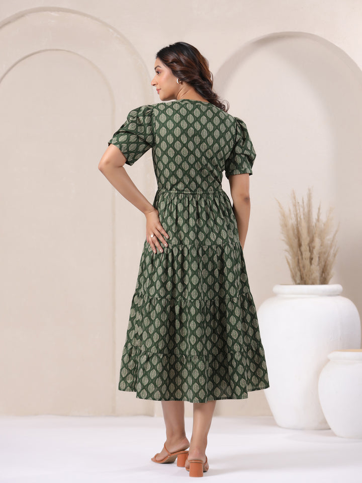Leaf Green Buti Print Cotton V-Neck Maxi Dress | Summer Party Wear