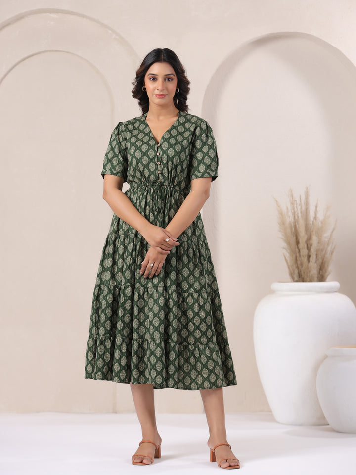Leaf Green Buti Print Cotton V-Neck Maxi Dress | Summer Party Wear
