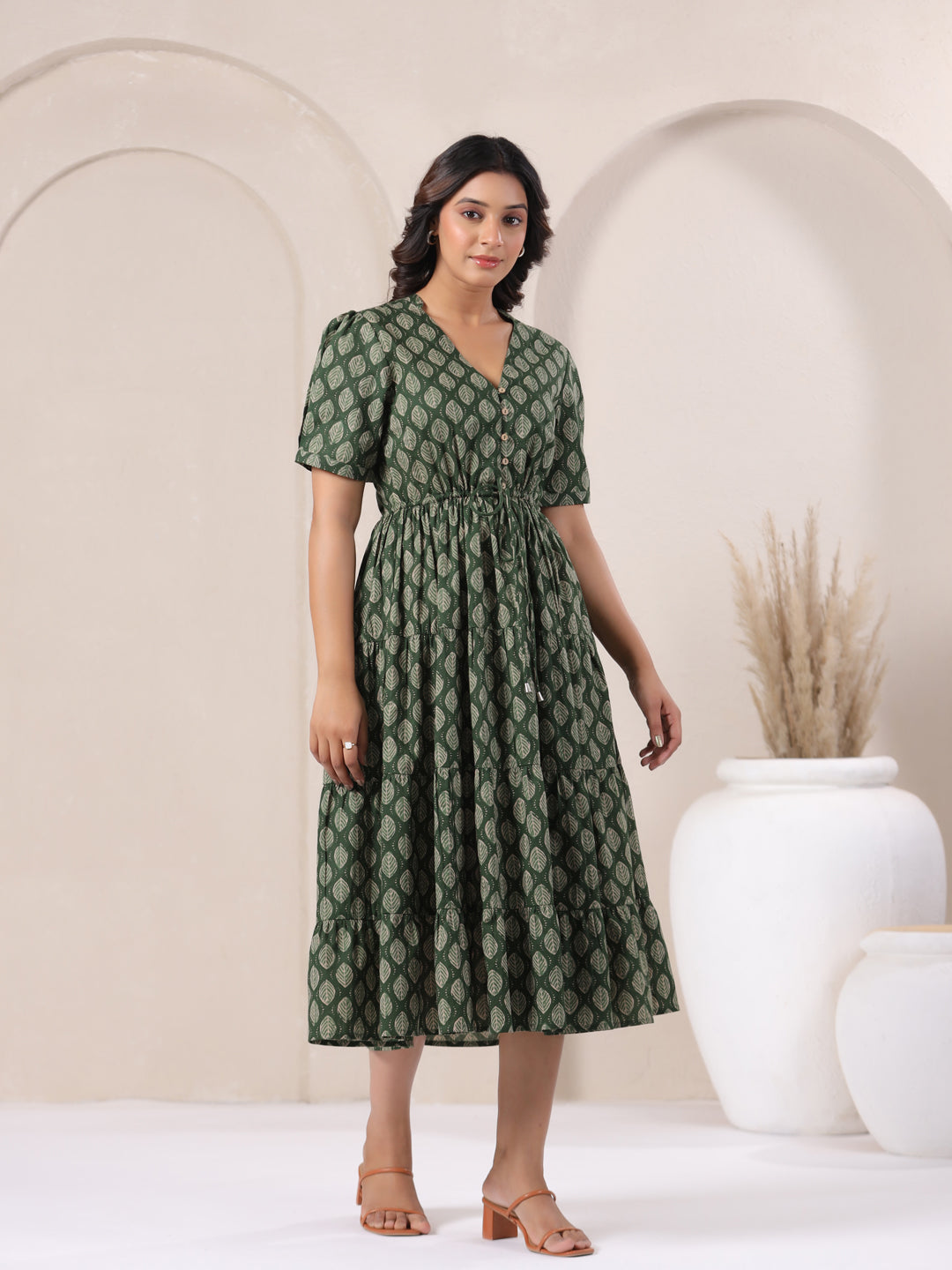 Leaf Green Buti Print Cotton V-Neck Maxi Dress | Summer Party Wear
