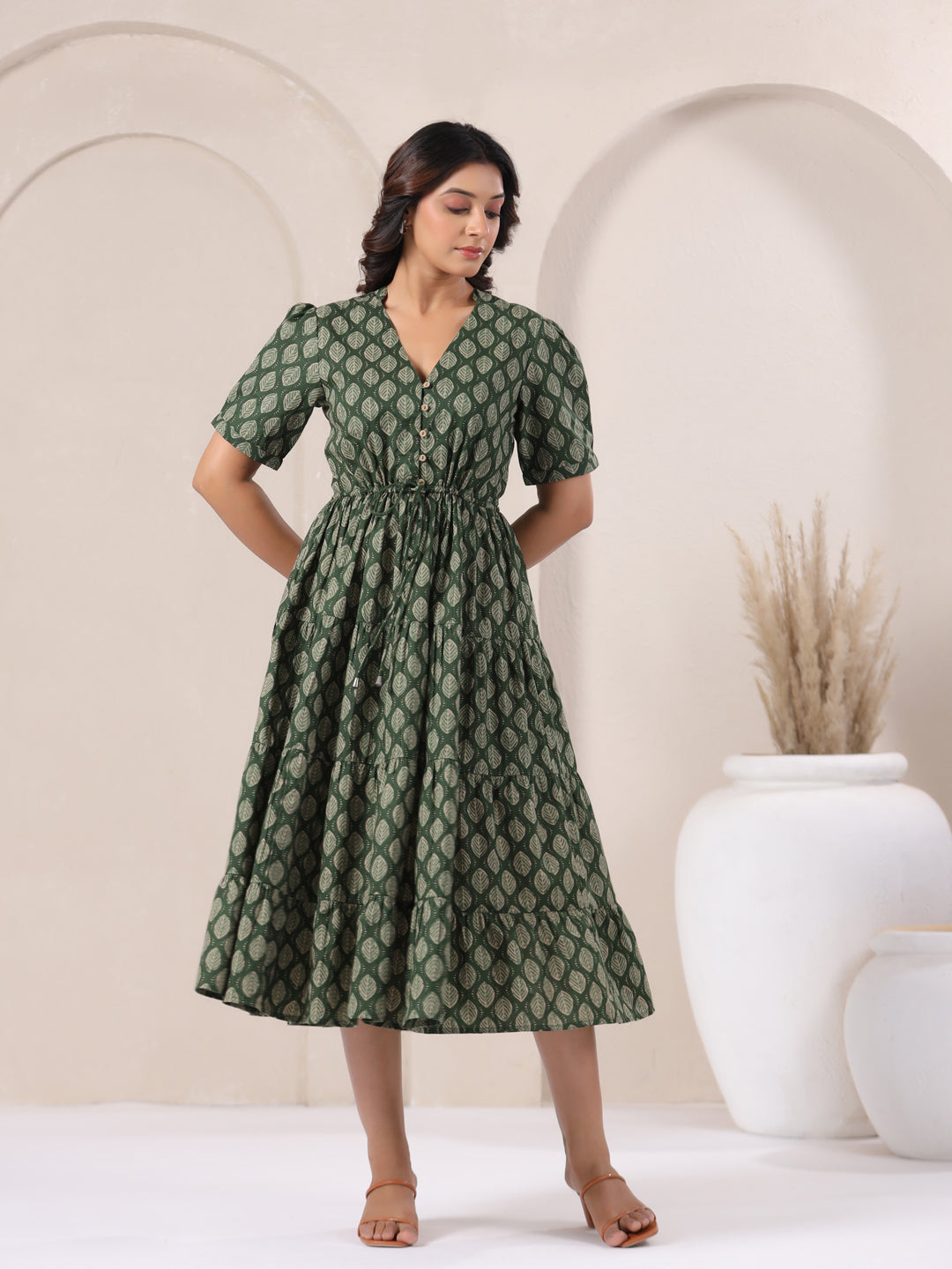 Leaf Green Buti Print Cotton V-Neck Maxi Dress | Summer Party Wear
