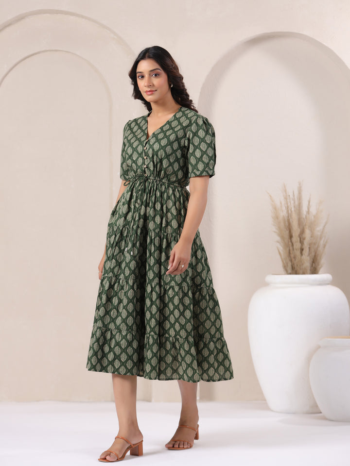 Leaf Green Buti Print Cotton V-Neck Maxi Dress | Summer Party Wear