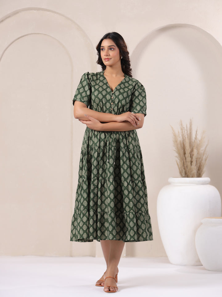 Leaf Green Buti Print Cotton V-Neck Maxi Dress | Summer Party Wear