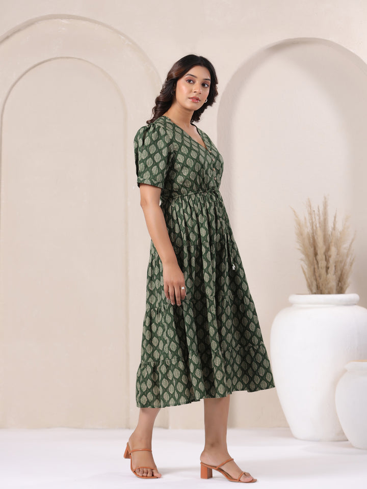 Leaf Green Buti Print Cotton V-Neck Maxi Dress | Summer Party Wear