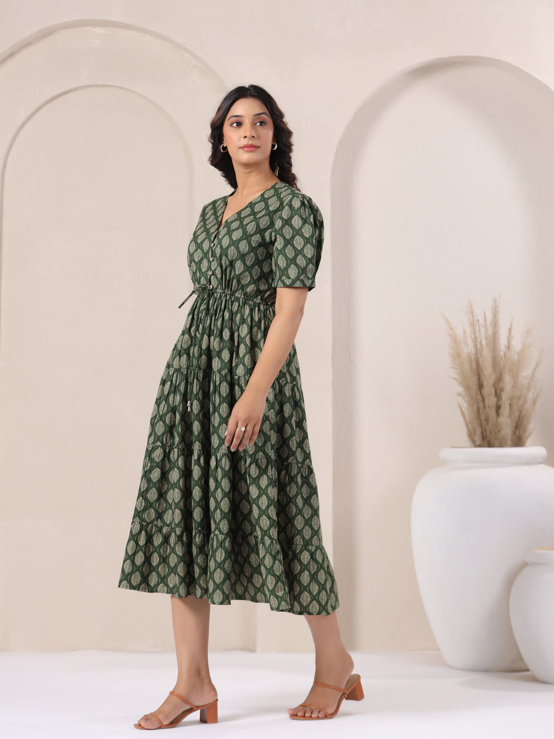 Leaf Green Buti Print Cotton V-Neck Maxi Dress | Summer Party Wear