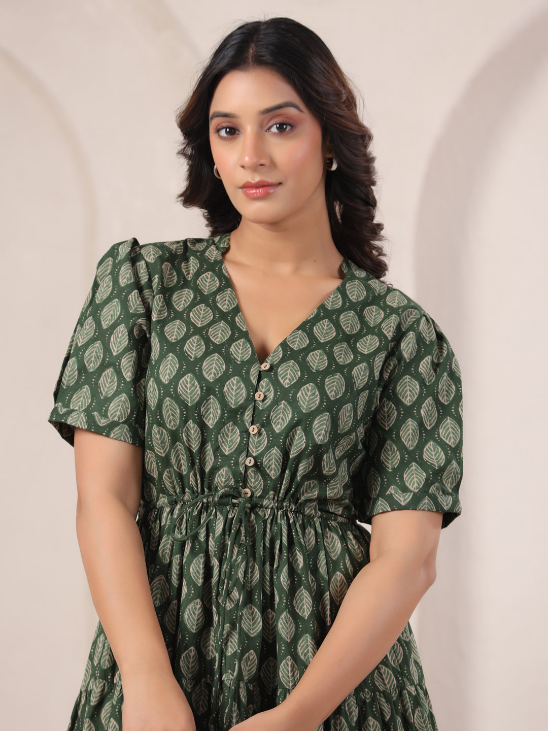 Leaf Green Buti Print Cotton V-Neck Maxi Dress | Summer Party Wear