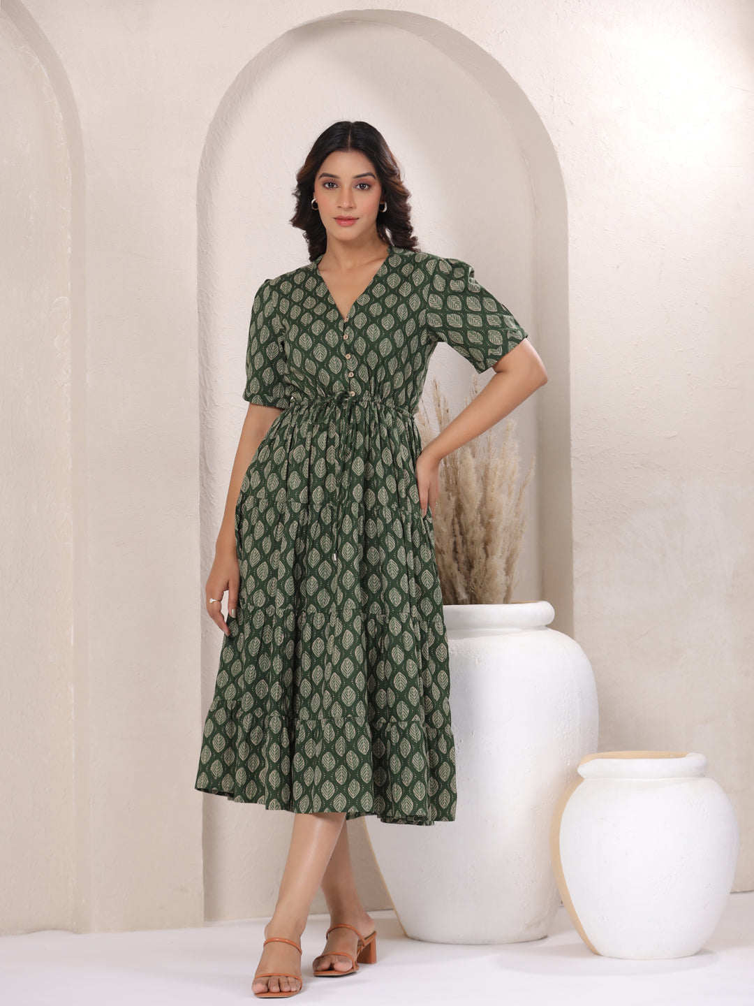 Leaf Green Buti Print Cotton V-Neck Maxi Dress | Summer Party Wear