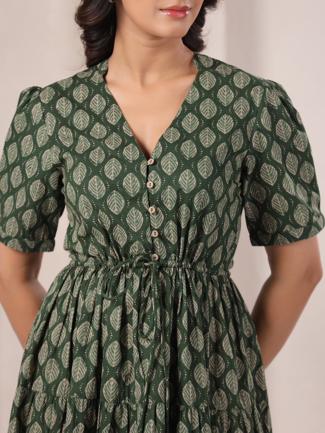 Leaf Green Buti Print Cotton V-Neck Maxi Dress | Summer Party Wear