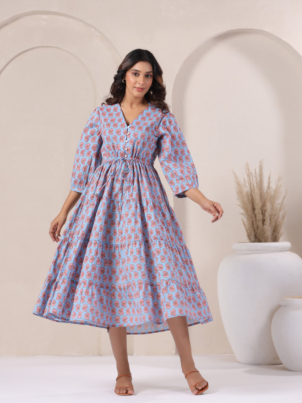 Powder blue paisley print cotton maxi dress with fit and flare silhouette