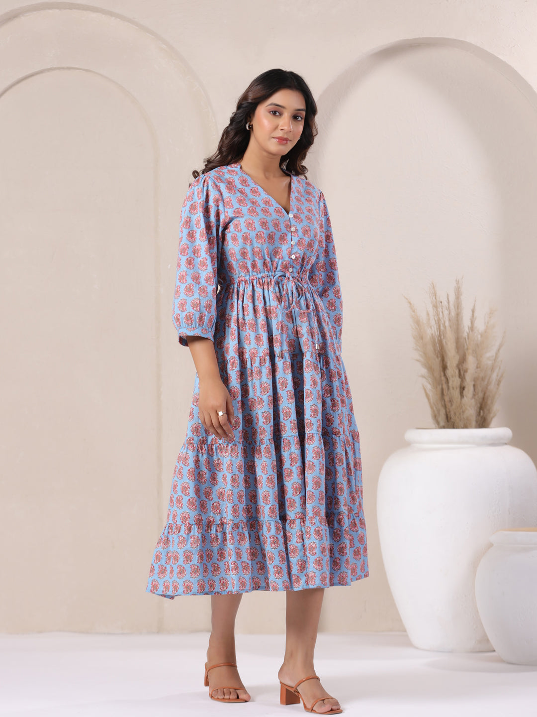 Right side view of powder blue paisley print cotton maxi dress