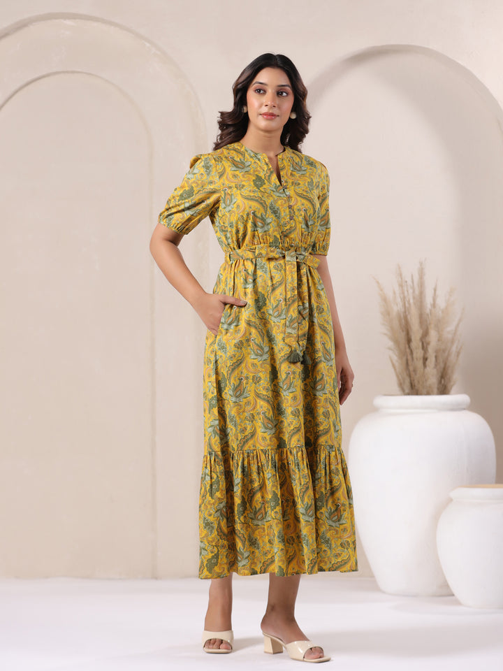 Bohemian Paisley Printed 100% Cotton Maxi Dress - left Side View - Flowy Boho Style