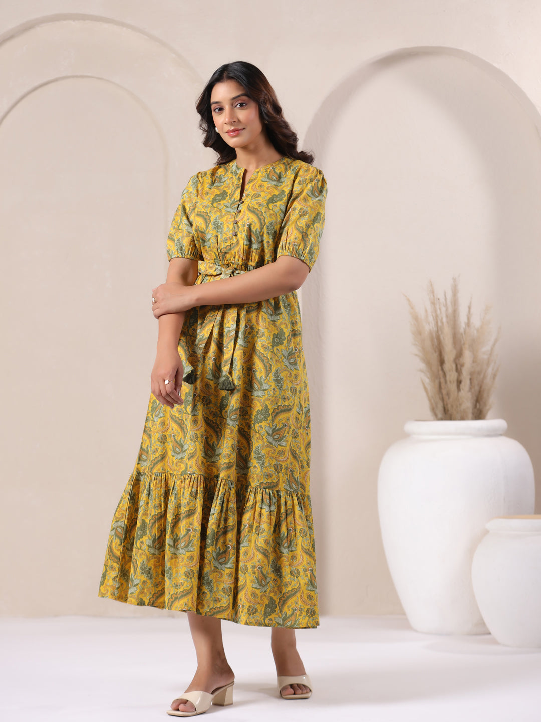 Bohemian Paisley Printed 100% Cotton Maxi Dress - Front View - stylish pose - June 9 Clothing