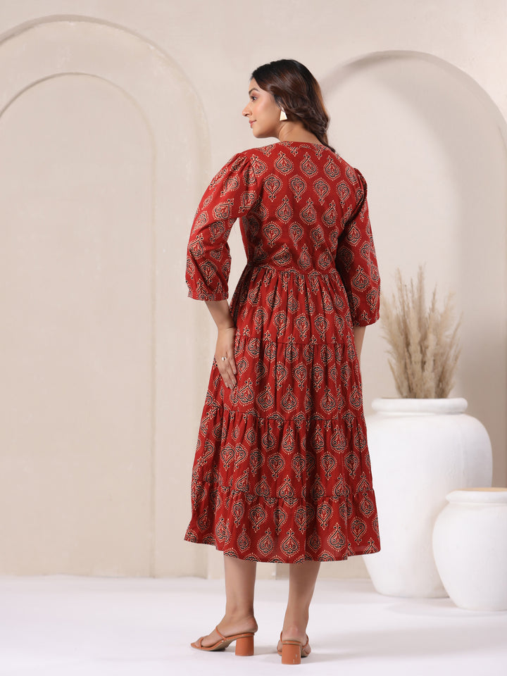 Back view of red Ajrak print dress featuring button closure and flared maxi length