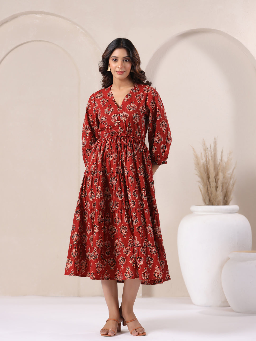 Red Ajrakh Buta Print Cotton Maxi Dress with V-Neck and Flared Fit | Stylish look
