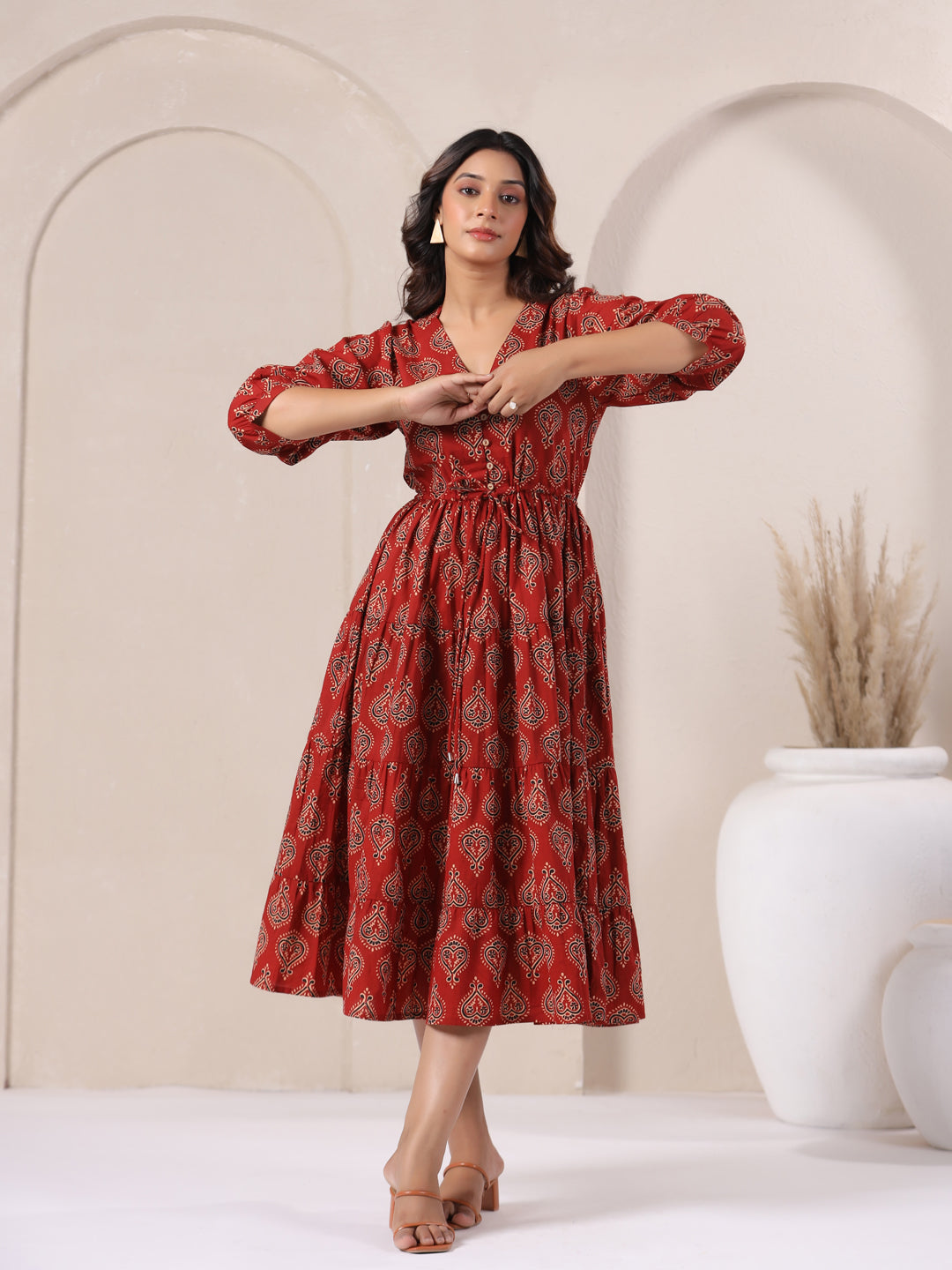 Red Ajrakh Buta Print Cotton Maxi Dress with V-Neck and Flared Fit