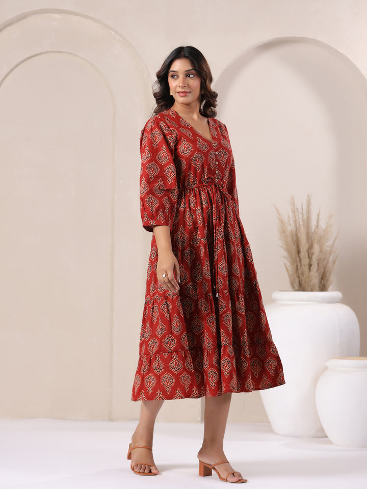 Three-quarter sleeve detail of red Ajrakh print cotton maxi dress