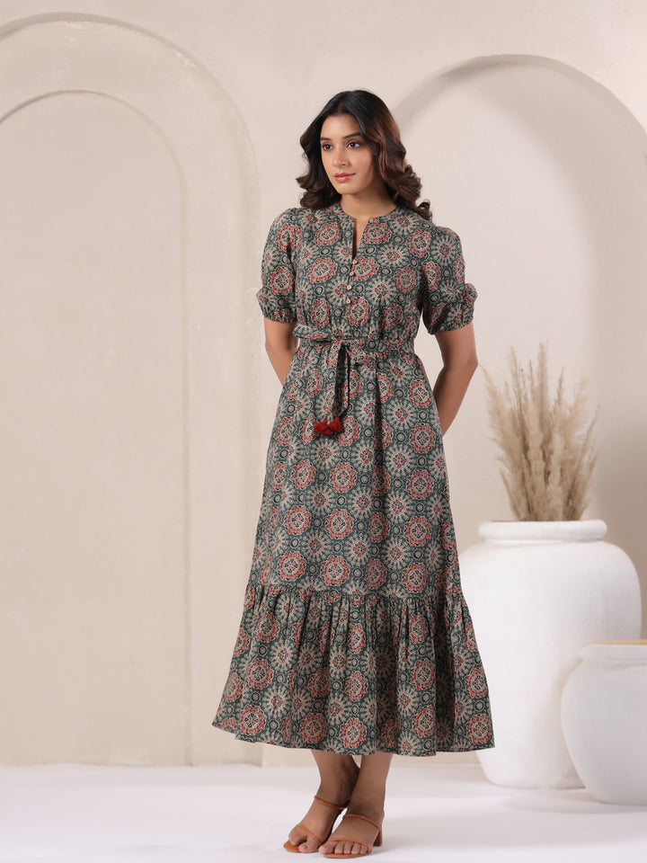 Front view style of green Ajrakh print cotton long bohemian dress for women
