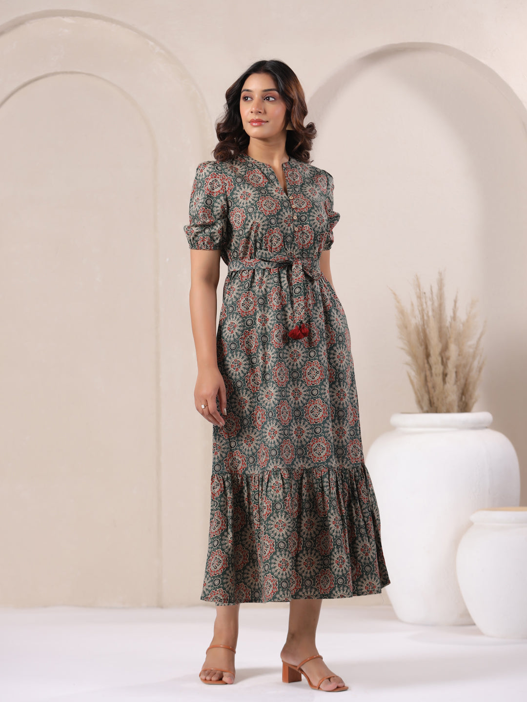 Full length green Ajrakh print cotton bohemian dress for women