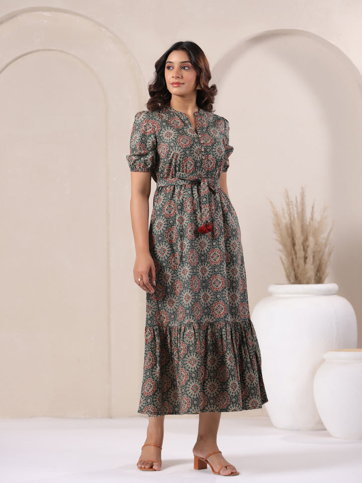 Full length green Ajrakh print cotton bohemian dress for women