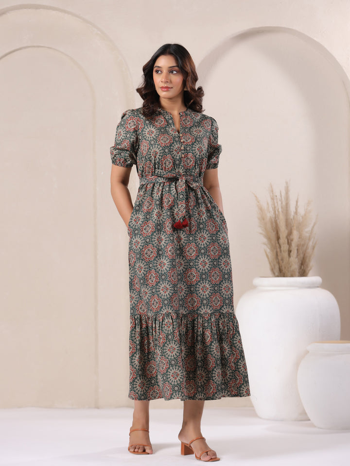 Side view Full length green Ajrakh print cotton bohemian dress for women