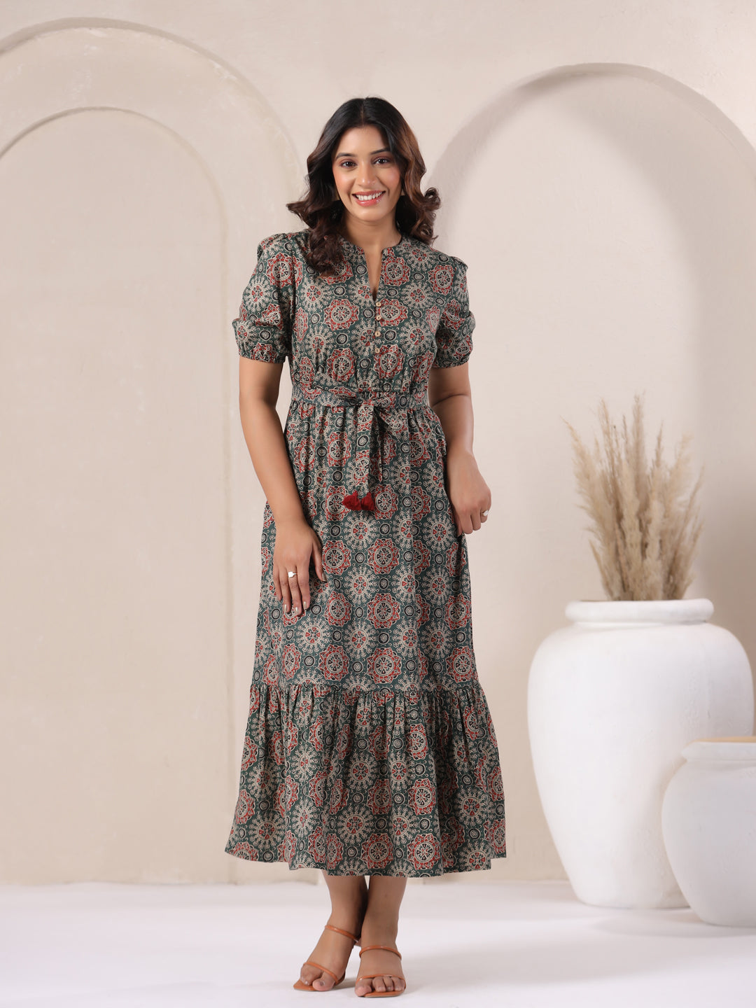 Green Ajrakh Print Cotton Bohemian Dress for Women
