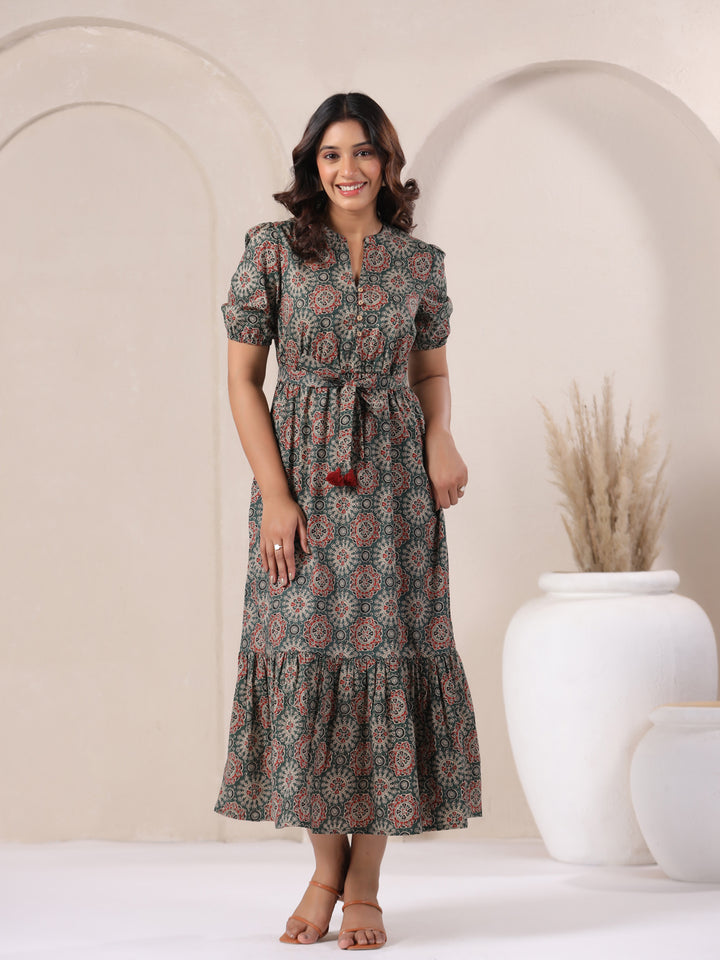Green Ajrakh Print Cotton Bohemian Dress for Women