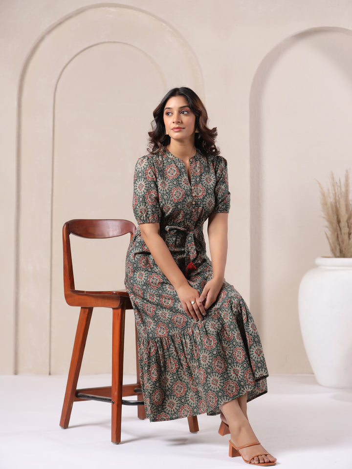 Woman wearing green Ajrakh print cotton bohemian dress for women