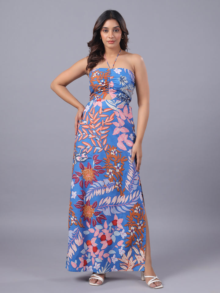 Blue Maxi Dress For Women – Floral Print, Halter Neck, Breathable Cotton, Vacation Wear