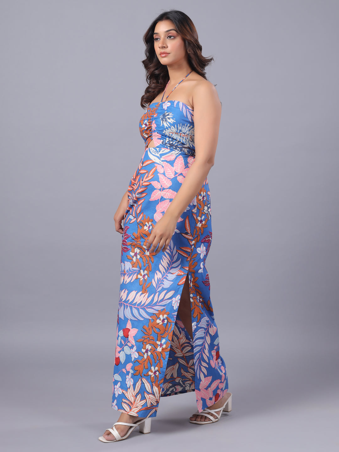 Blue Cotton Floral Halter Neck Side Slit Sheeth Maxi Dress Side
