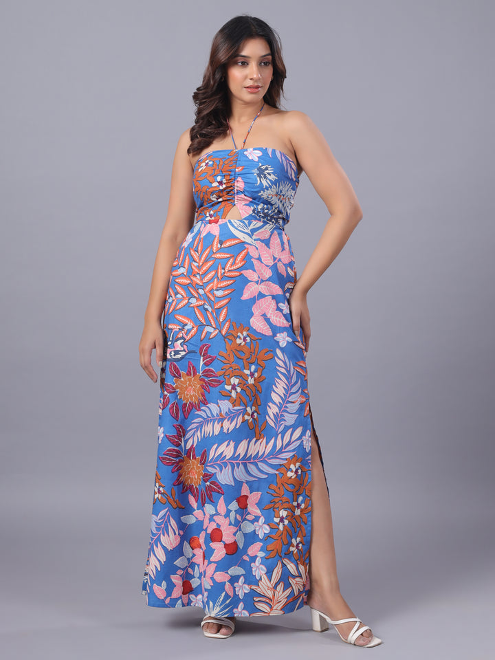Blue Cotton Floral Halter Neck Side Slit Sheeth Maxi Dress front1