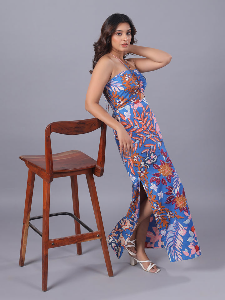 Blue Cotton Floral Halter Neck Side Slit Sheeth Maxi Dress Front2