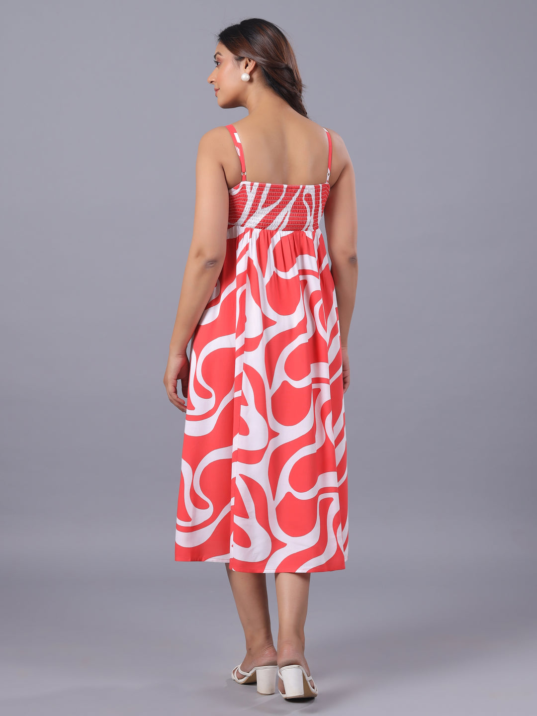 Red Midi Dress for Women – Abstract Viscose Midi Dress