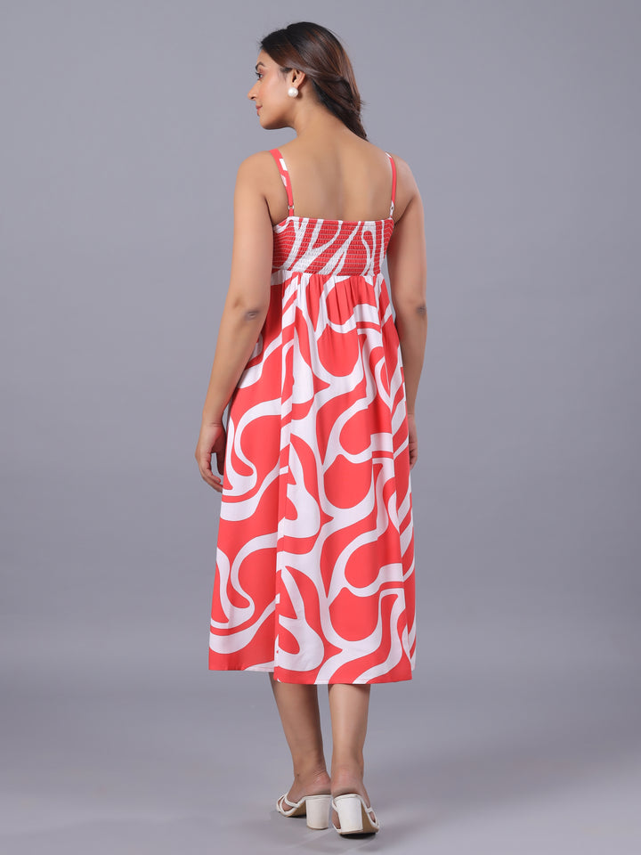 Red Midi Dress for Women – Abstract Viscose Midi Dress