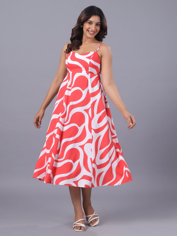 Red Midi Dress for Women – Abstract Viscose Midi Dress