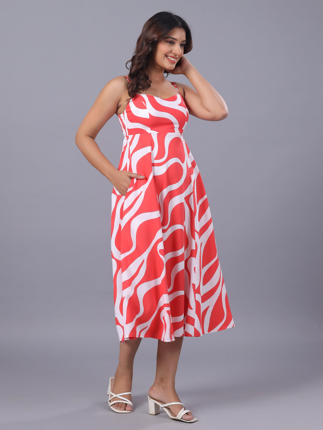 Red Midi Dress for Women – Abstract Viscose Midi Dress