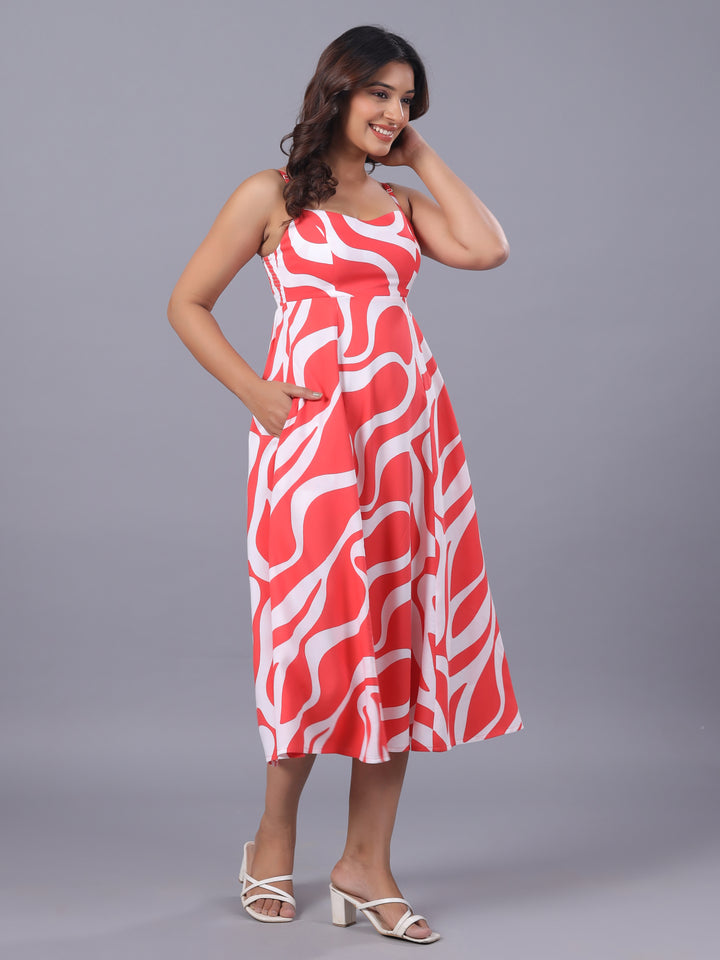 Red Midi Dress for Women – Abstract Viscose Midi Dress