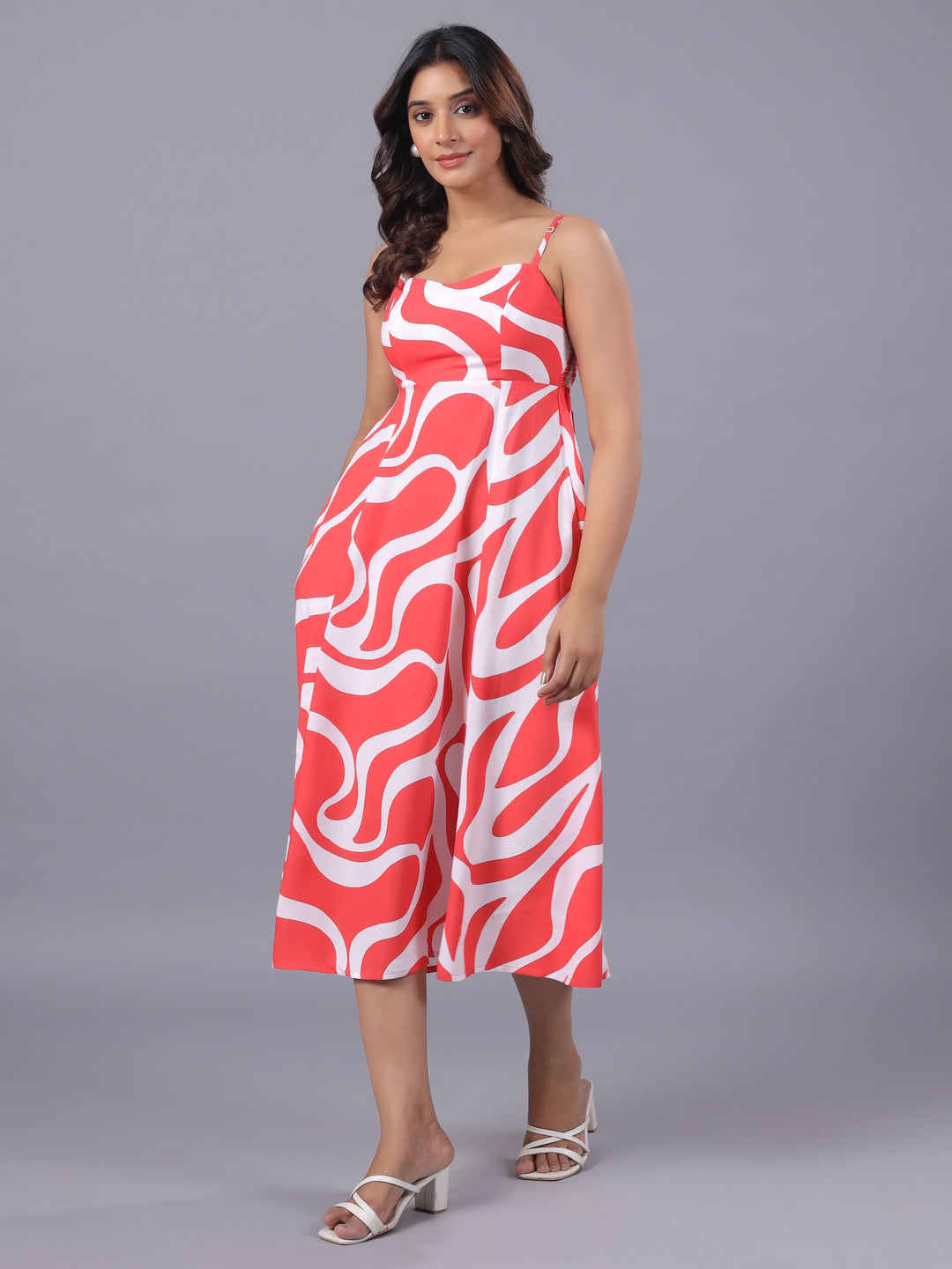 Red Midi Dress for Women – Abstract Viscose Midi Dress