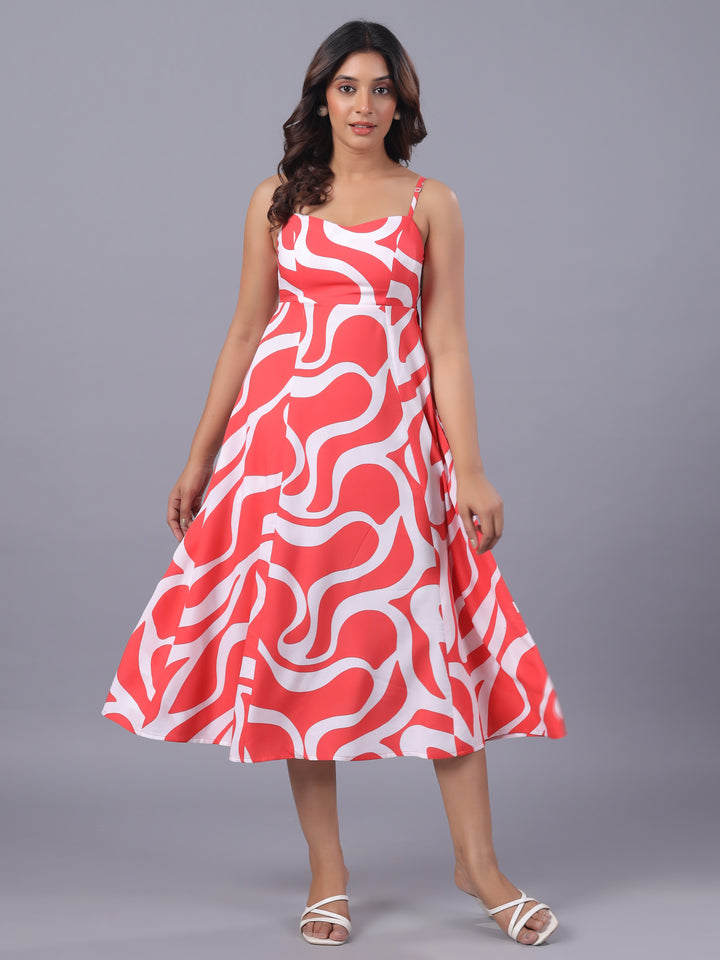 Red Midi Dress for Women – Abstract Viscose Midi Dress
