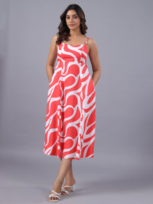 Coral and white abstract print midi dress with thin straps, stylish Western wear for women