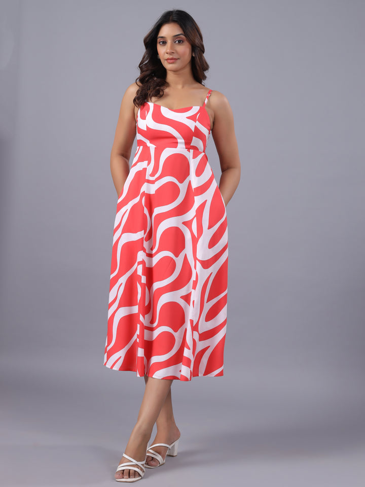 Red Midi Dress for Women – Abstract Viscose Midi Dress