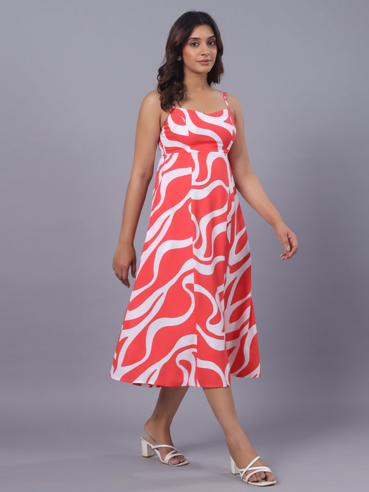 Red Midi Dress for Women – Abstract Viscose Midi Dress