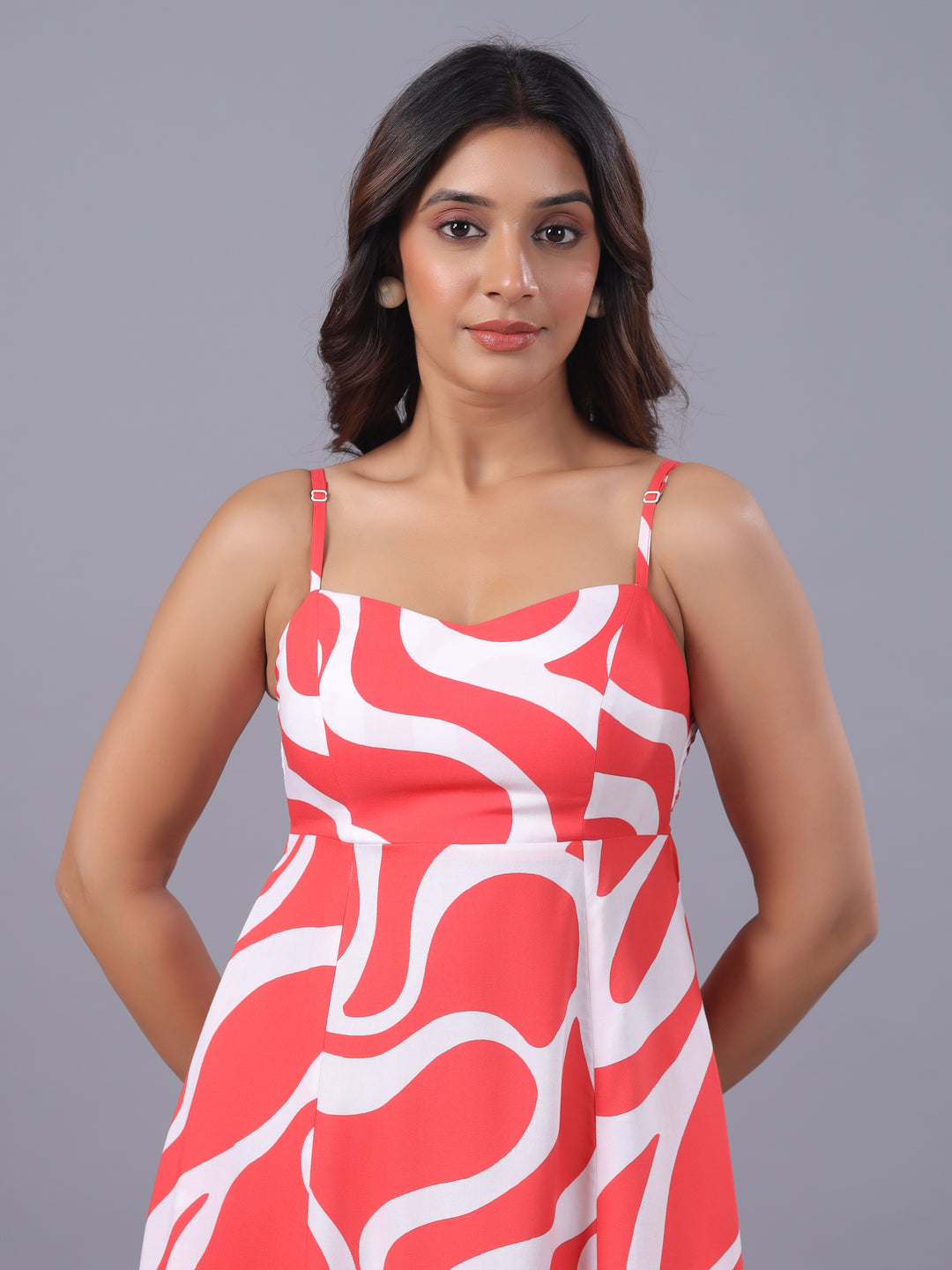 Red Midi Dress for Women – Abstract Viscose Midi Dress