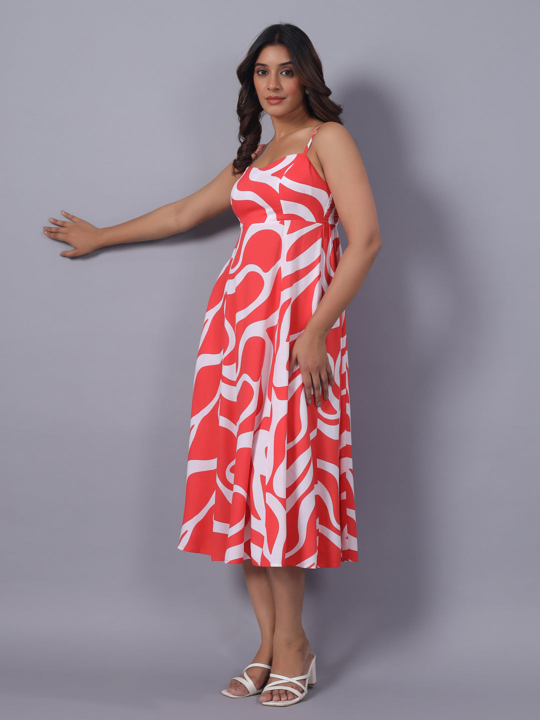 Red Midi Dress for Women – Abstract Viscose Midi Dress