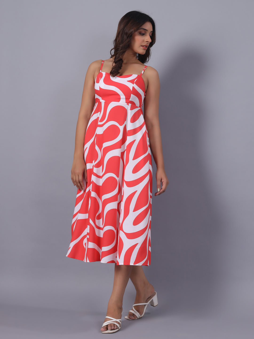 Red Midi Dress for Women – Abstract Viscose Midi Dress