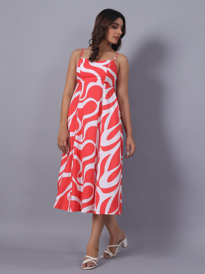 Red Midi Dress for Women – Abstract Viscose Midi Dress