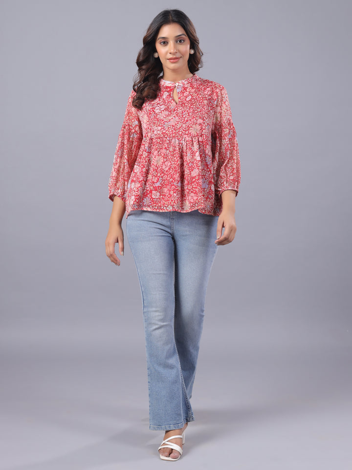 Red Chiffon Floral Casual Top Front