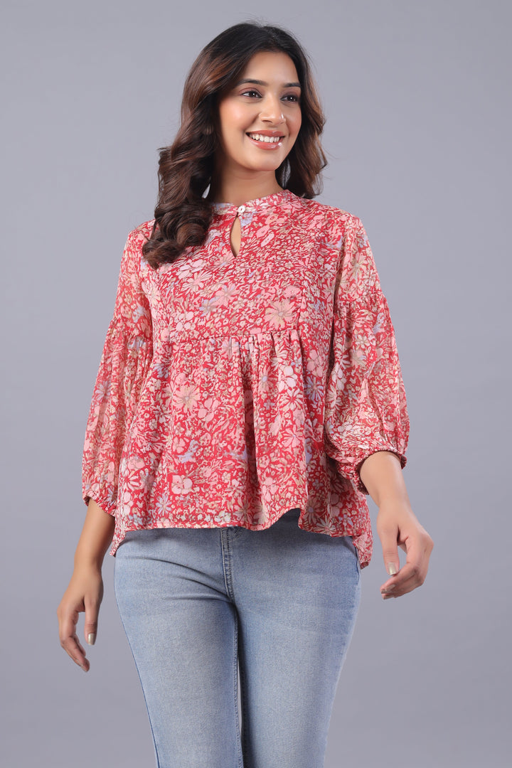 Red Chiffon Floral Casual Top Front

