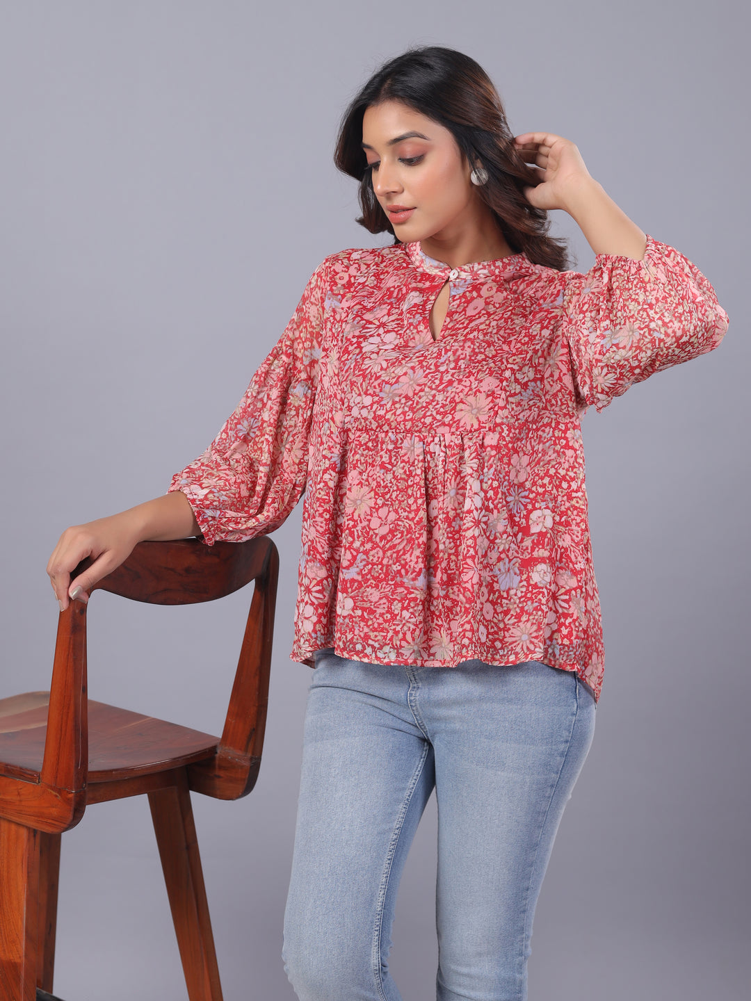 Red Chiffon Floral Casual Top Side