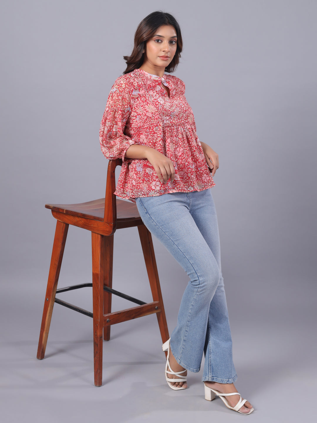 Red Chiffon Floral Casual Top Side1