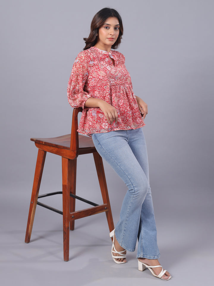 Red Chiffon Floral Casual Top Side1