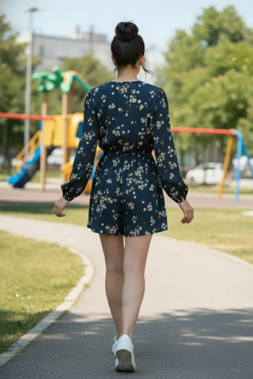 Women's fit playsuit in Prussian Blue, ideal for vacation or a playful summer party | Back side view | June 9 Clothing